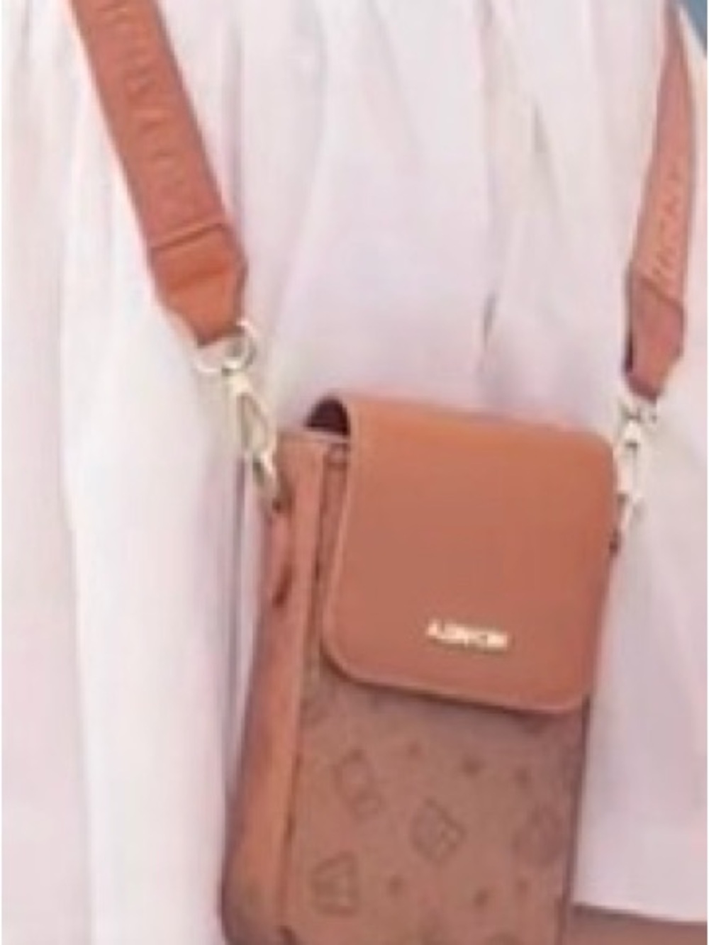 Compact Tan Crossbody Phone Bag with Patterned Body